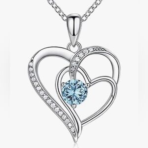 OR Old Rubin Sea Blue March Birthstone 925 Sterling Silver Double Heart Necklace
